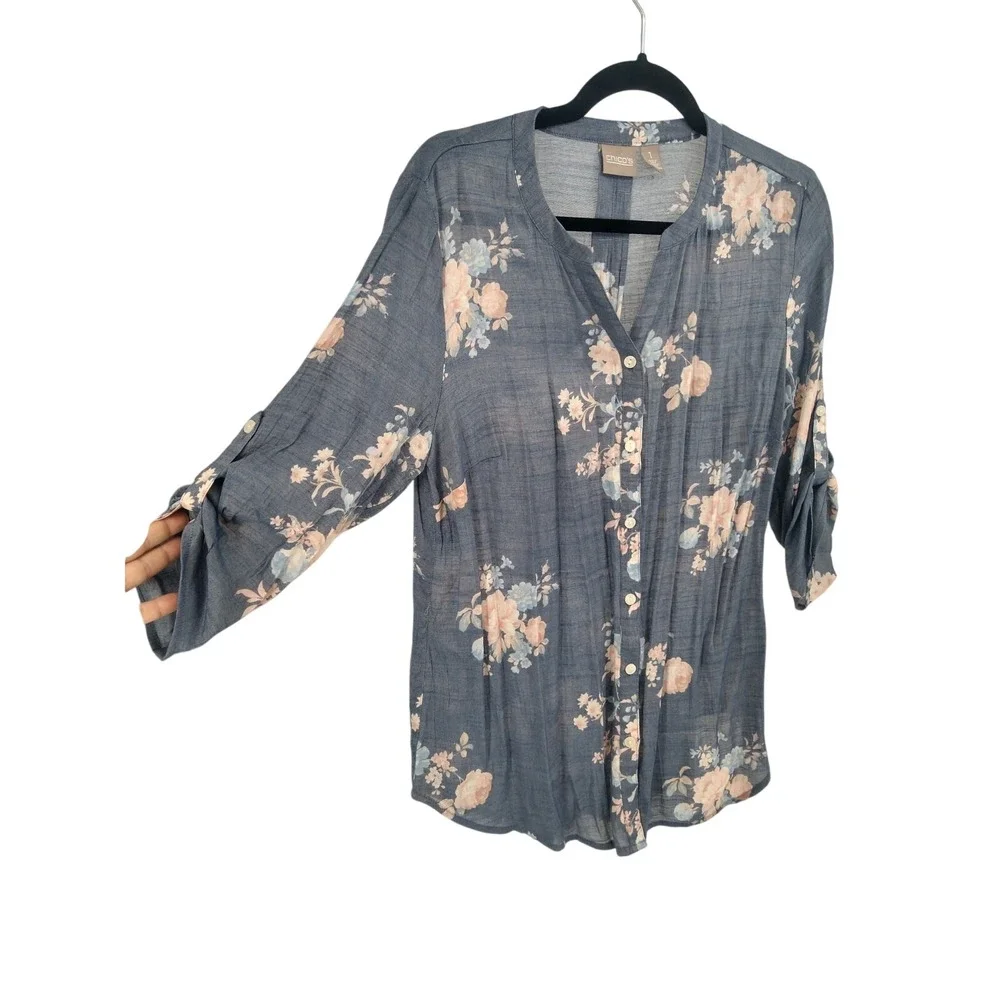 Chico's Blouse Top 1 M Floral Print Button Front‎ Tab Sleeve Boho Blue Peach